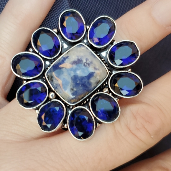 New Oversized Sodalite & Blue Topaz 925 Silver Statement Ring. - Picture 2 of 15